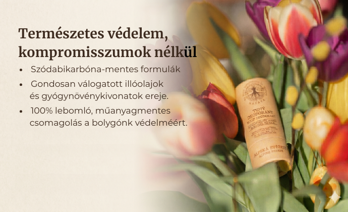 Natava természetes szilárd dezodor környezetbarát papírtubusban, tavaszi tulipánok között – fenntartható testápolás