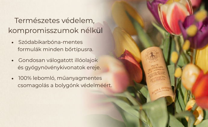 Natava természetes szilárd dezodor környezetbarát papírtubusban, tavaszi tulipánok között – fenntartható testápolás