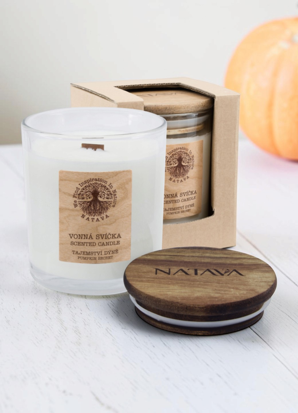 Natava szójaviasz illatgyertya – Pumpkin Secret (őszi gyümölcsös illat, fa kanóccal), 220g