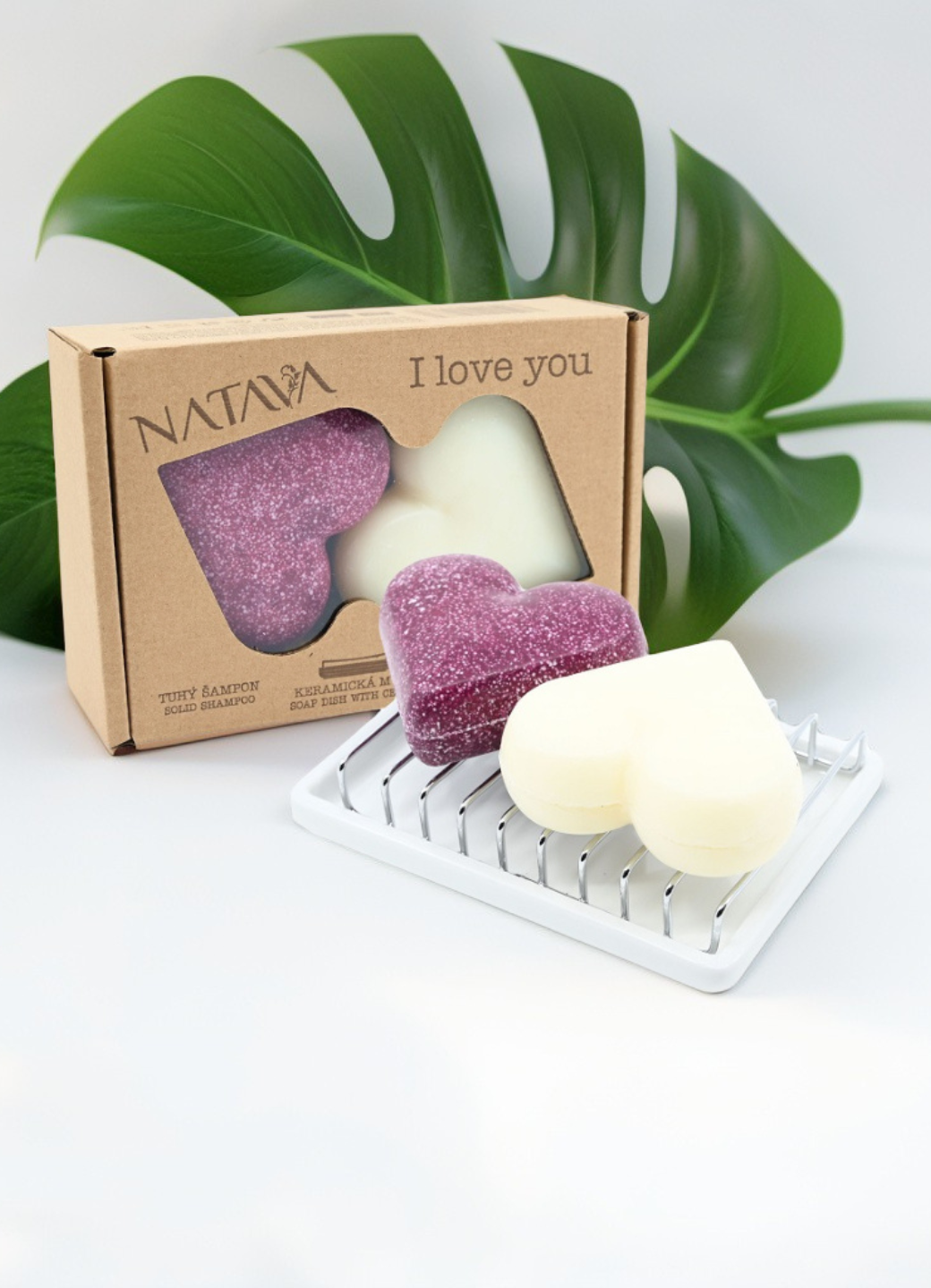 Natava ajándékcsomag - szív alakú szilárd sampon, balzsam, szappantartó